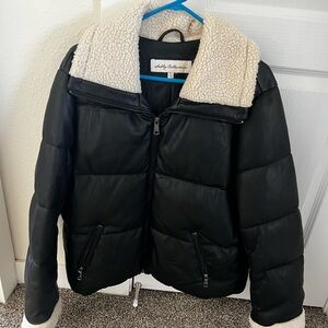 Black Puffer Jacket with Cream Sherpa Collar